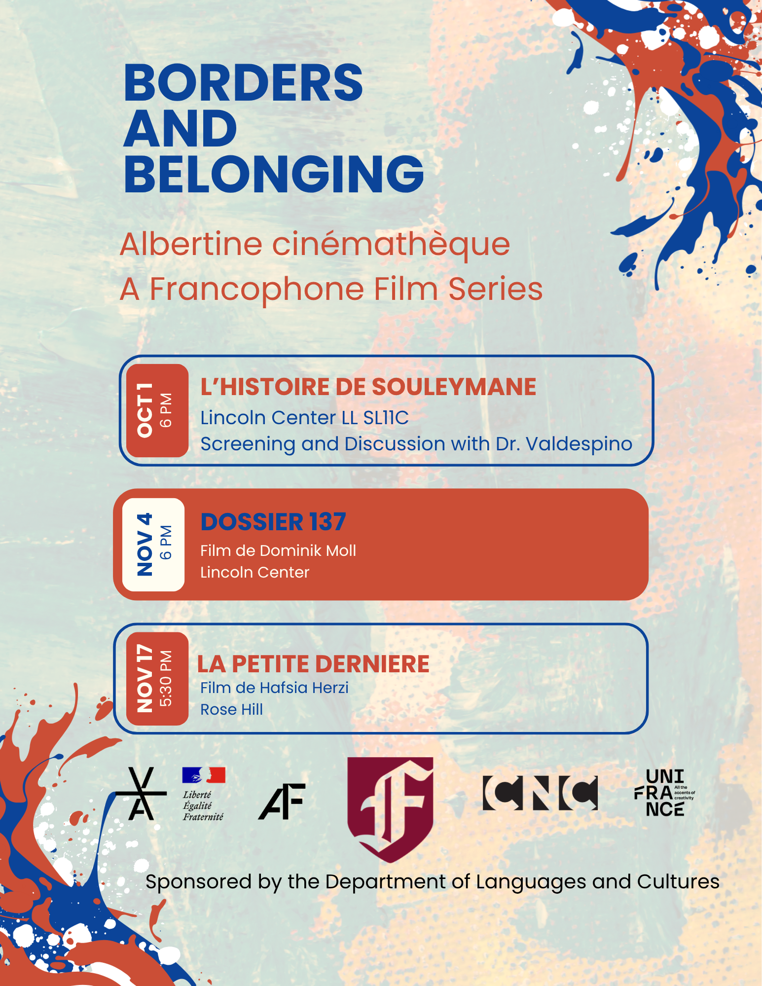 Borders and Belonging fall schedule listing three Albertine Cinémathèque film screenings